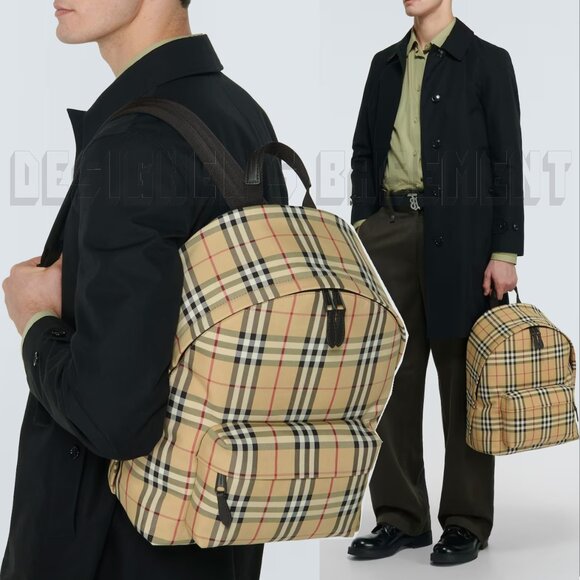 BURBERRY black Leather trim JETT beige Archive Vintage Check nylon zip Backpack - Picture 3 of 12